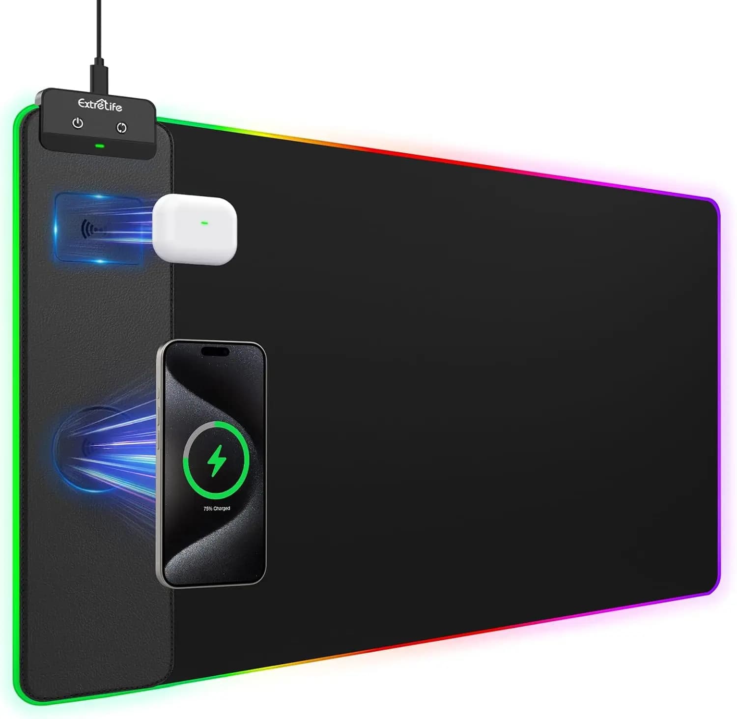 Tappetino Mouse con Ricarica Wireless 15W, Tappetino da Scrivania RGB con Caricatore Magnetico per iPhone/Airpods, XXL Grande Impermeabile Nero
