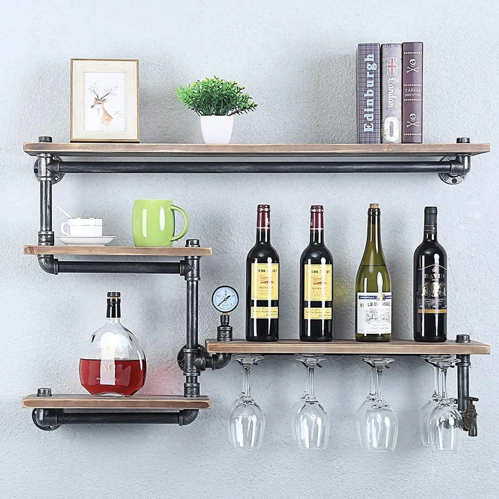 Tfcfl Mensole da bar galleggianti in metallo rustico da 39,37 pollici montate a parete, portabottiglie per tubi industriali con 4 supporti in vetro a stelo, Steampunk