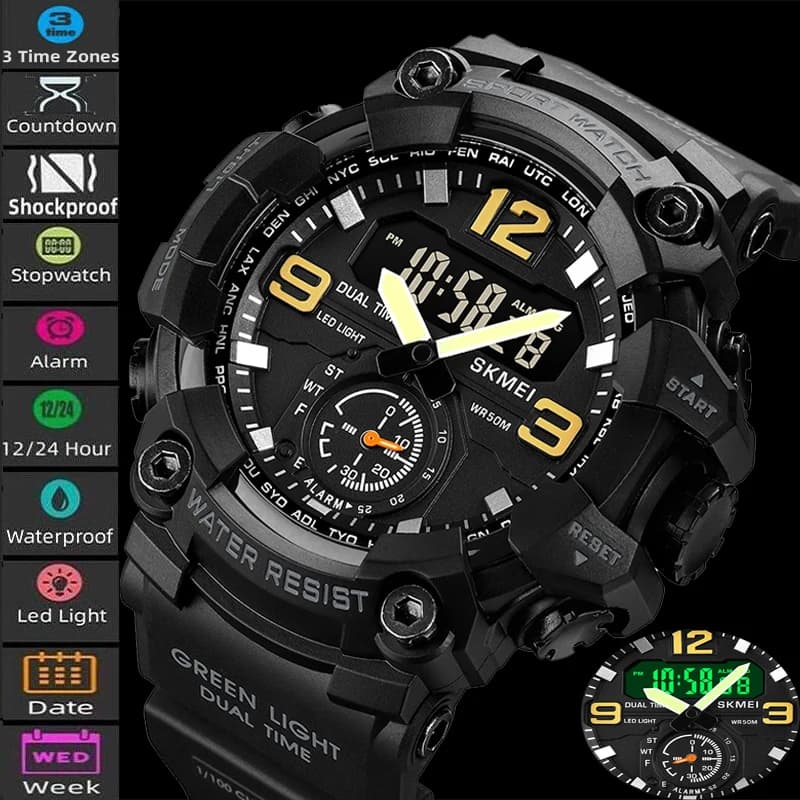 Skmei orologio da polso sportivo militare da uomo moda quadrante di grandi dimensioni al quarzo analogico a tre fusi orari maschio Led orologi di arresto impermeabili