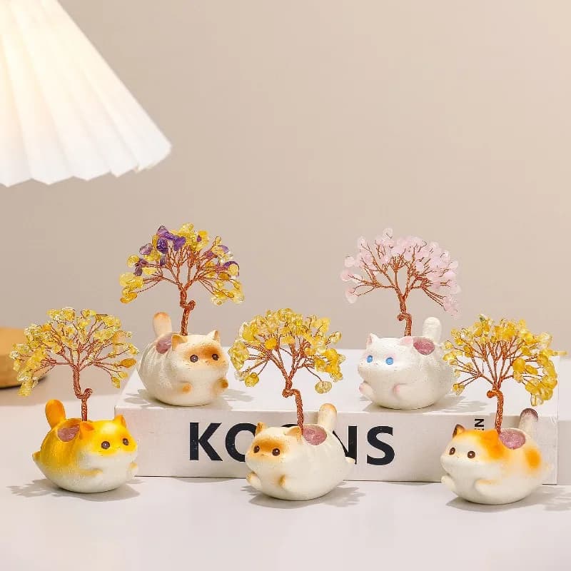 Adorabile gatto di cristallo, albero dei soldi, simpatico cartone animato, animale, decorazione da scrivania per l'home office, idea regalo bonsai con pietra preziosa citrino giallo naturale