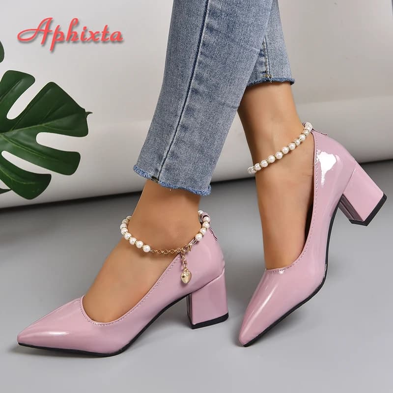 Aphixta 5 centimetri 7 centimetri Tacchi Grossi Donne Pompe Cristalli Catena di Perle Cinturino Alla Caviglia Scarpe Per Il Tempo Libero Moda Pelle Verniciata Plus Size 30-50