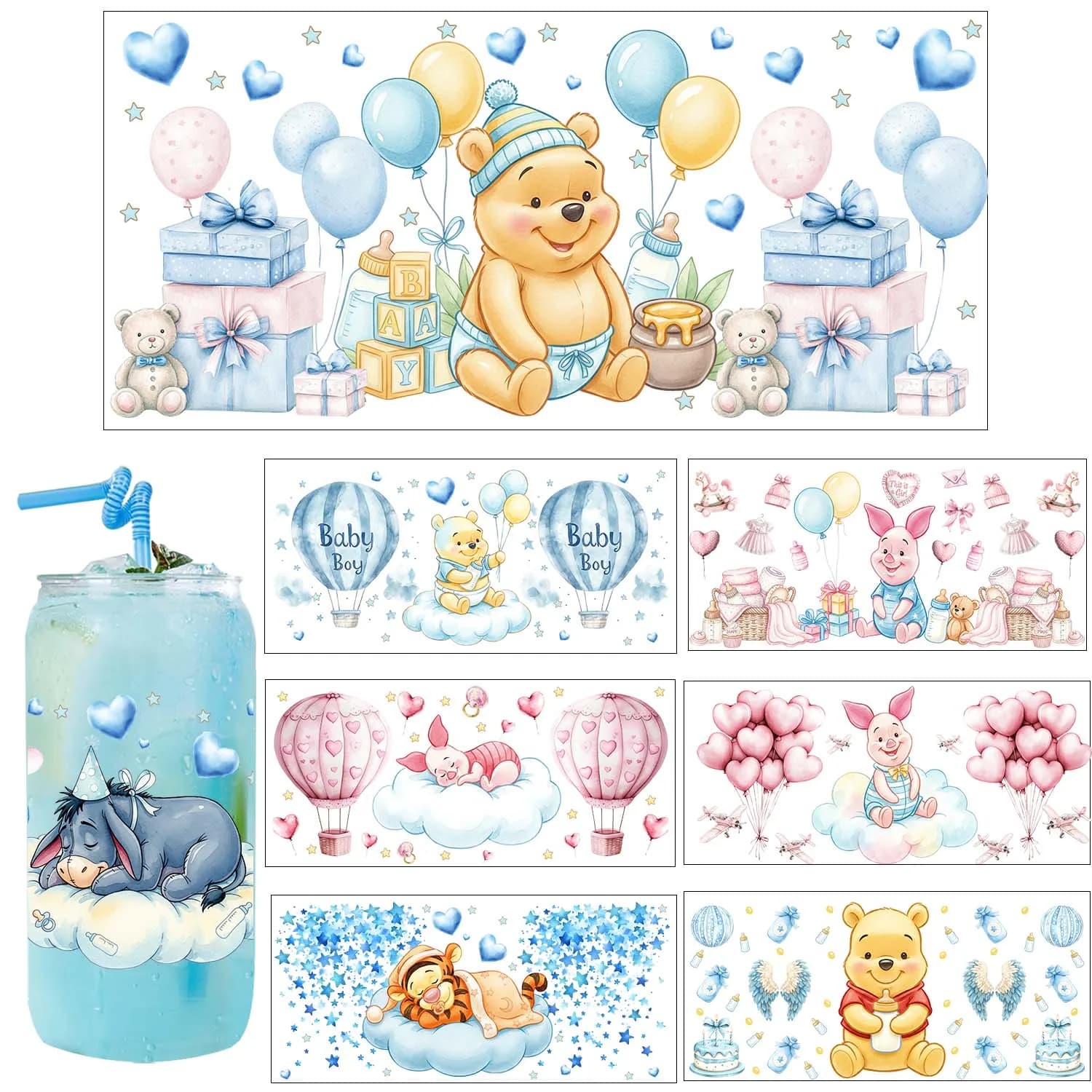 Cute Anime Cartoon Winnie Tema Adesivo UV Decalcomanie fai da te Trasferimenti 3D uvdtf bicchiere sigillo adesivi 16oz uv dtf tazza avvolge