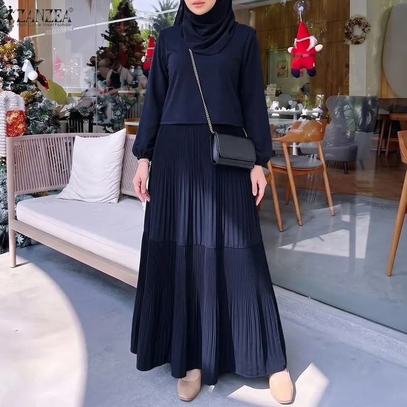 ZANZEA Muslim Women Maxi Dress Modest Fashion Hijab O-Neck Lantern Sleeves Plisse Abaya Robes Islamic Elegant Ramadan Eid Kaftan
