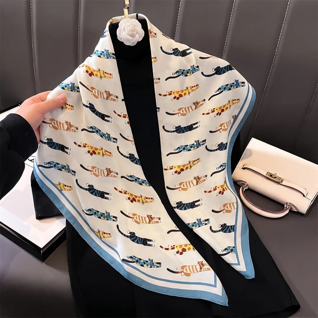 90cm Luxury Brand 2026 Silk Square Scarf Women Cat Neck Hair Tie Band Beach Hijab Kerchief Head Headbands Bandana Female Foulard