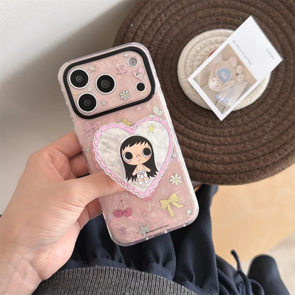 Cute Strawberry Cherry Cartoon Girl Phone Case for iPhone 17 Pro 16 15 16 Max 15 Pro Max Cover With 3D Stand Korean Lovely Cases