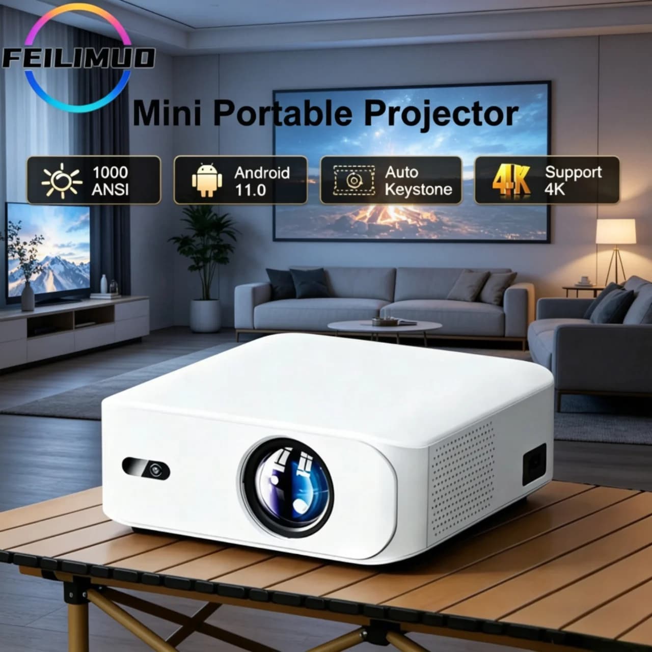 Proiettore ultra mini Feilimud L9W Android 1080P HD autofocus 1000ANSI lumen+silenzioso, adatto per home theater
