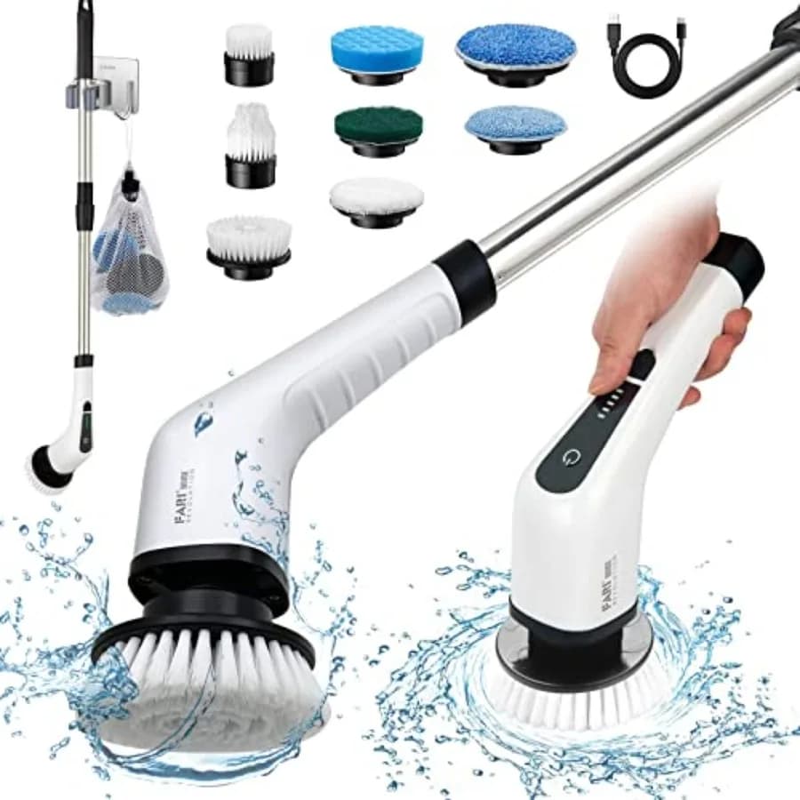 Electric Spin Scrubber, Shower Cleaning Brush with 8 Replaceable Drill Brush Heads, Cordl Power Scrubber with Adjustable Handle