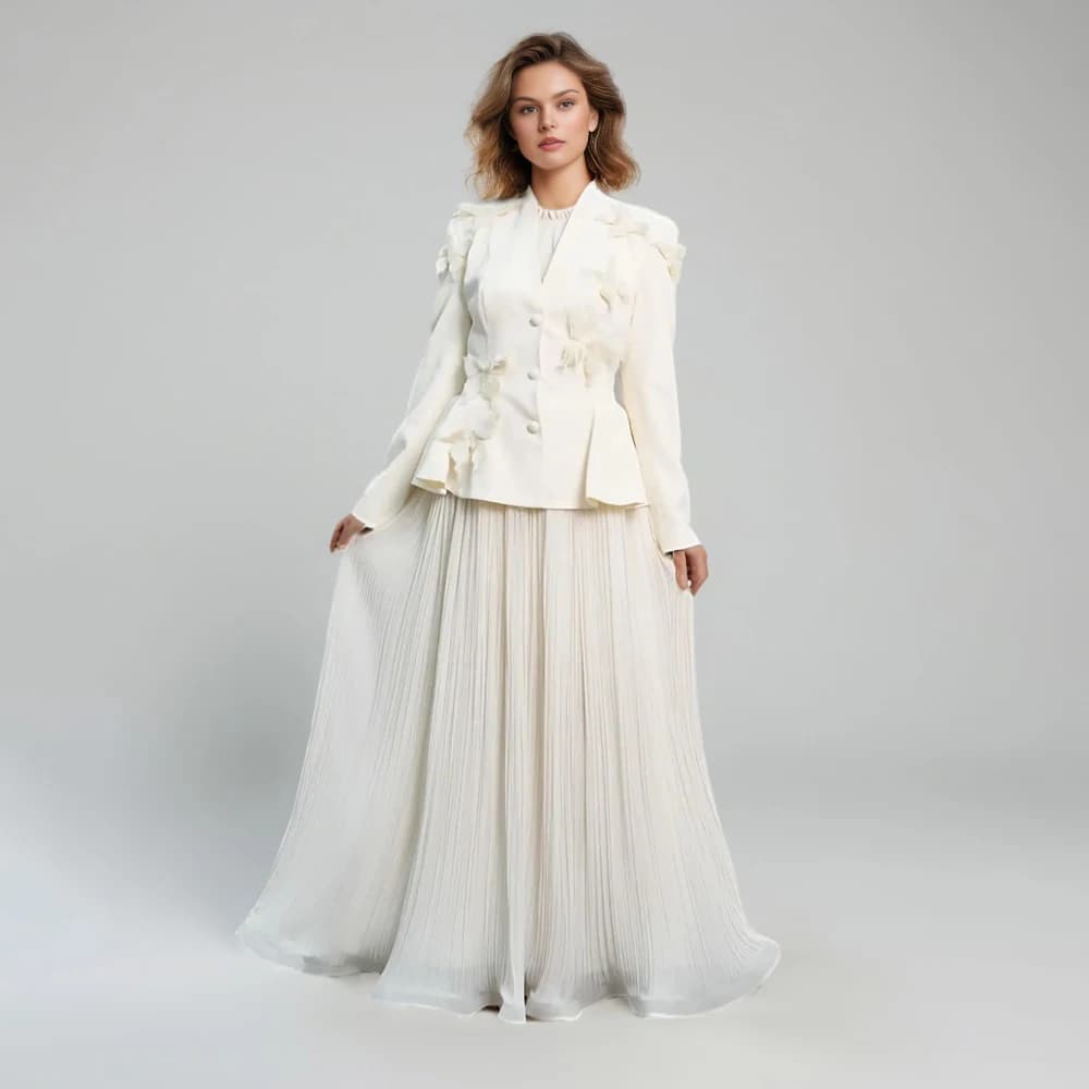 Set da due pezzi eleganti e solidi per donna, scollo a V, manica lunga, tunica, cappotto, gonna a pieghe a vita alta, set formale femminile nuovo