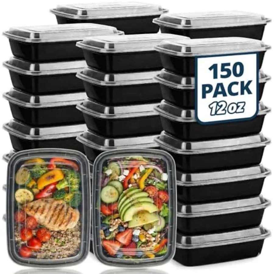 Contenitori per la preparazione dei pasti Tiya con coperchi - Confezione da 150 contenitori da 12 oz in plastica senza BPA per la conservazione degli alimenti, a tenuta stagna, adatti a microonde e lavastoviglie.