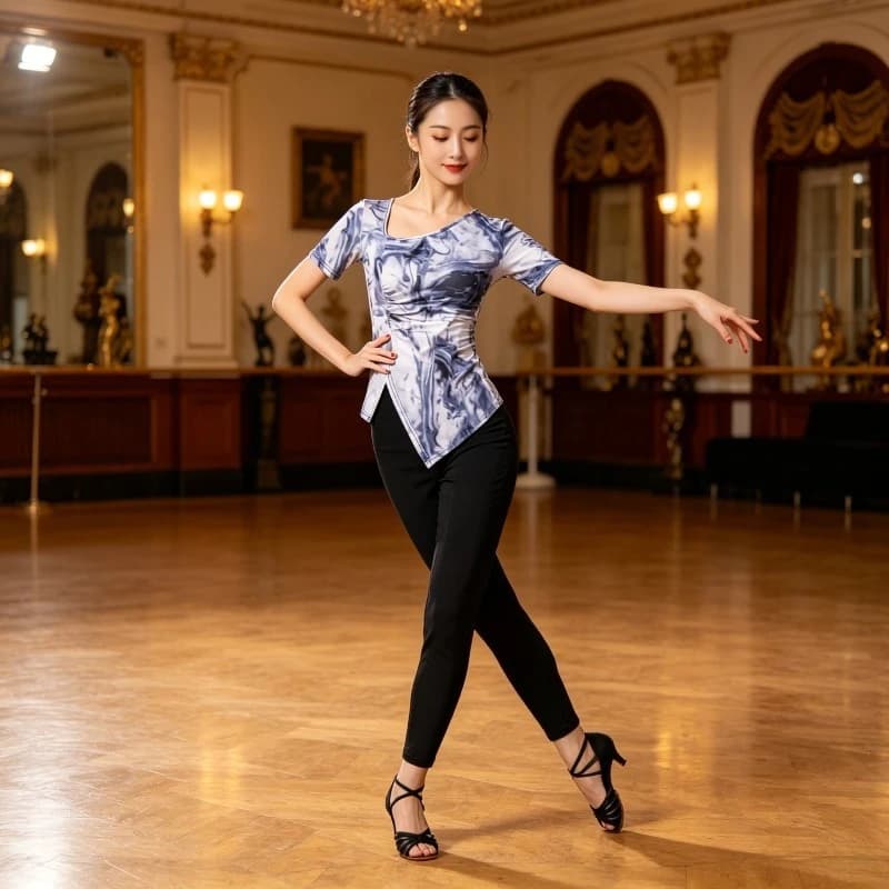 Camicetta da ballo con stampa floreale da donna, a maniche corte, per danza moderna, costume da palcoscenico, accessori per performance, top per line dance