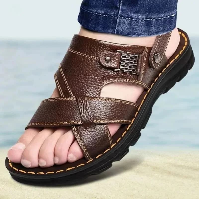 Sandali estivi da uomo in pelle, antiscivolo, ciabatte da uomo, scarpe da spiaggia con suola spessa, comode e morbide.
