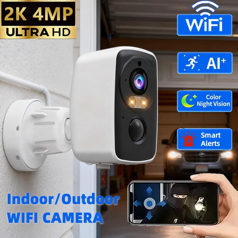Telecamera di Sicurezza Esterna 4MP con Batteria Ricaricabile, WiFi 2.4G, Visione Notturna, Audio Bidirezionale, Monitor per Bambini