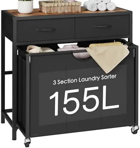 Laundry Sorter 3 Section with Tabletop & 2 Ders, Rolling Laundry Hamper with Pull-Out and Removable Bags, Laundry