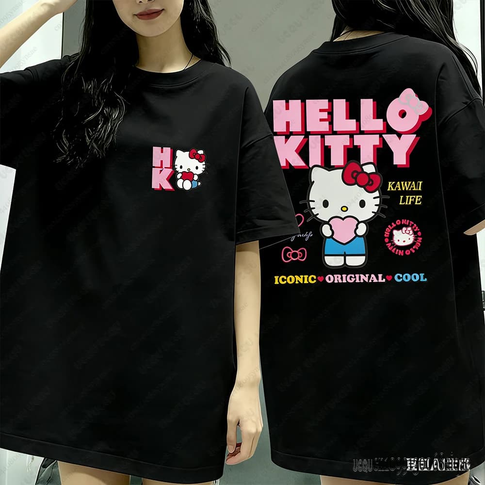 T-shirt estiva Sanrio Anime Hello Kitty per donna e uomo, casual, girocollo, simpatiche magliette, T-shirt Hello Kitty, top da coppia Y2K Street