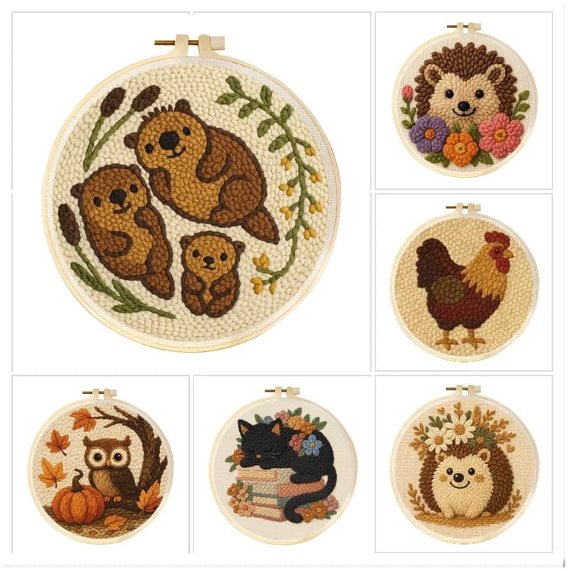 Kit per ricamo con ago punzonatore per principianti 20x20cm, kit facile per iniziare con l'ago punzonatore, motivo animale, filato per cucito, fai da te, decorazioni per la casa