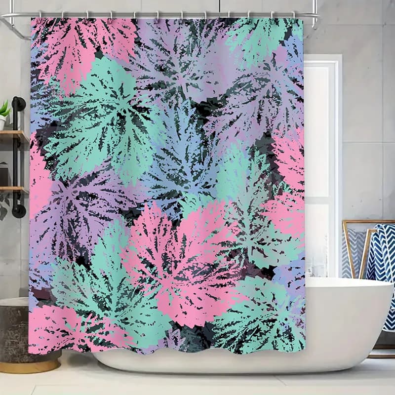 Tenda da doccia per arredamento bagno, tessuto impermeabile con stampa a foglie, design astratto moderno per la decorazione domestica, 180 x 180 cm, rosa blu