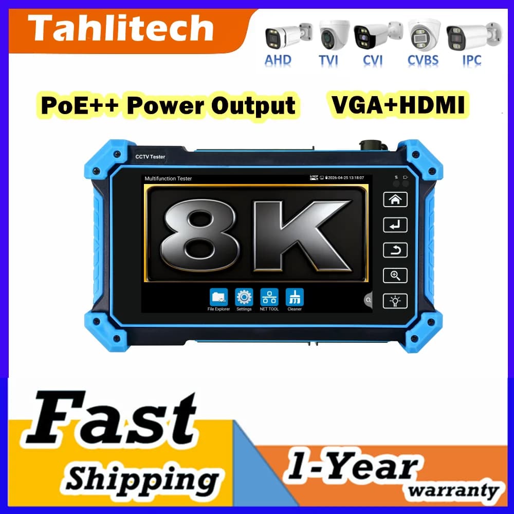 H.264/H.265 5.4'' CCTV Tester for 8K 8MP AHD CVI TVI SDI with VGA HDMI input, PoE output, Wifi, PTZ, RJ45 cable test