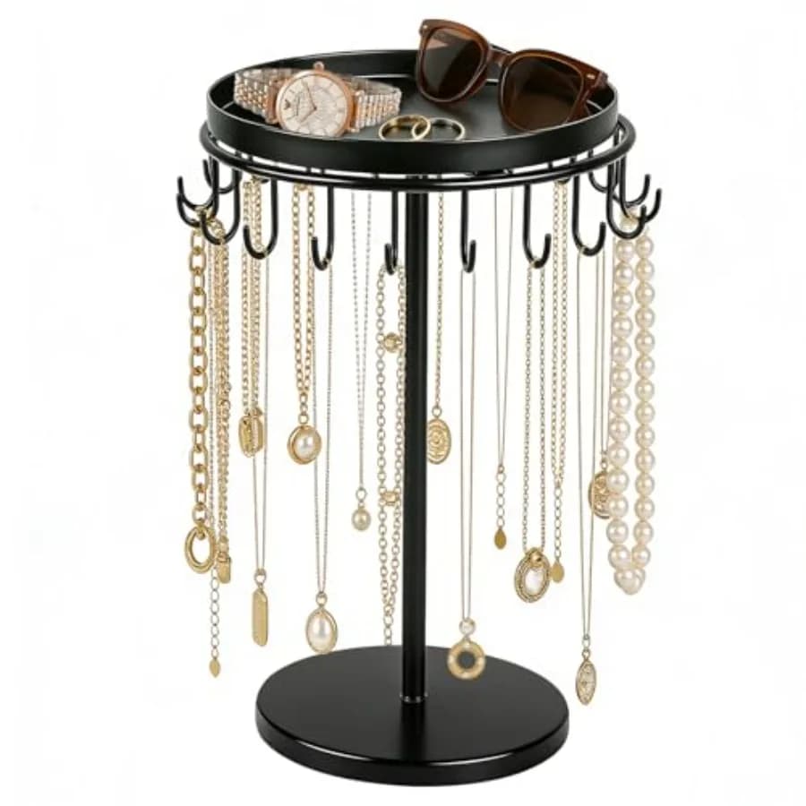 Necklace Holder Metal Jewelry Organizer Stand, Necklace Organizer Hanger with Tray and Hooks for Desk, Jewelry Holder for Neckl