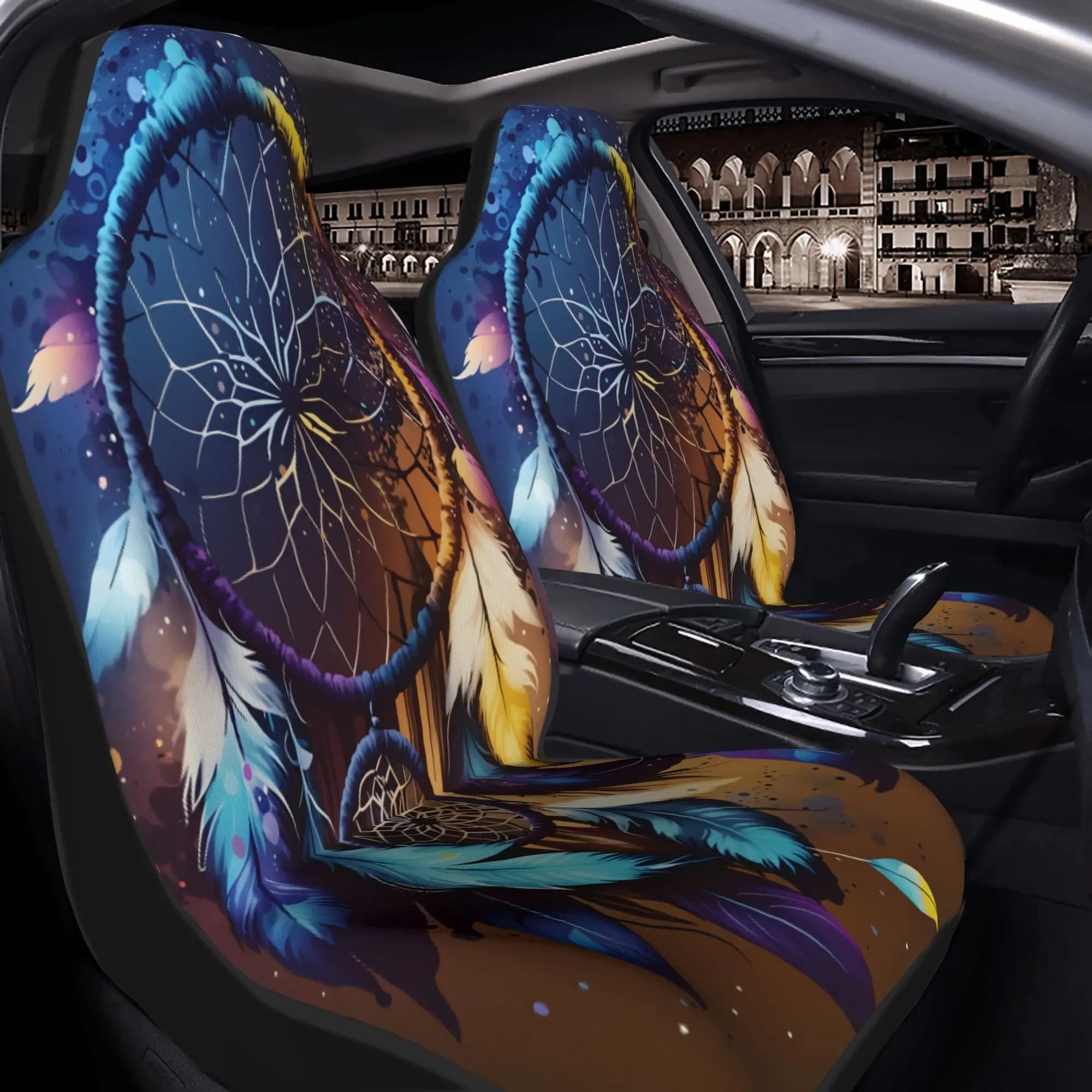 2pcs Enchanting Dreamcatcher With Colorful Feathers And Abstract Splashes Artwork Car Seat Covers | Suitable For SUVs Such As Se