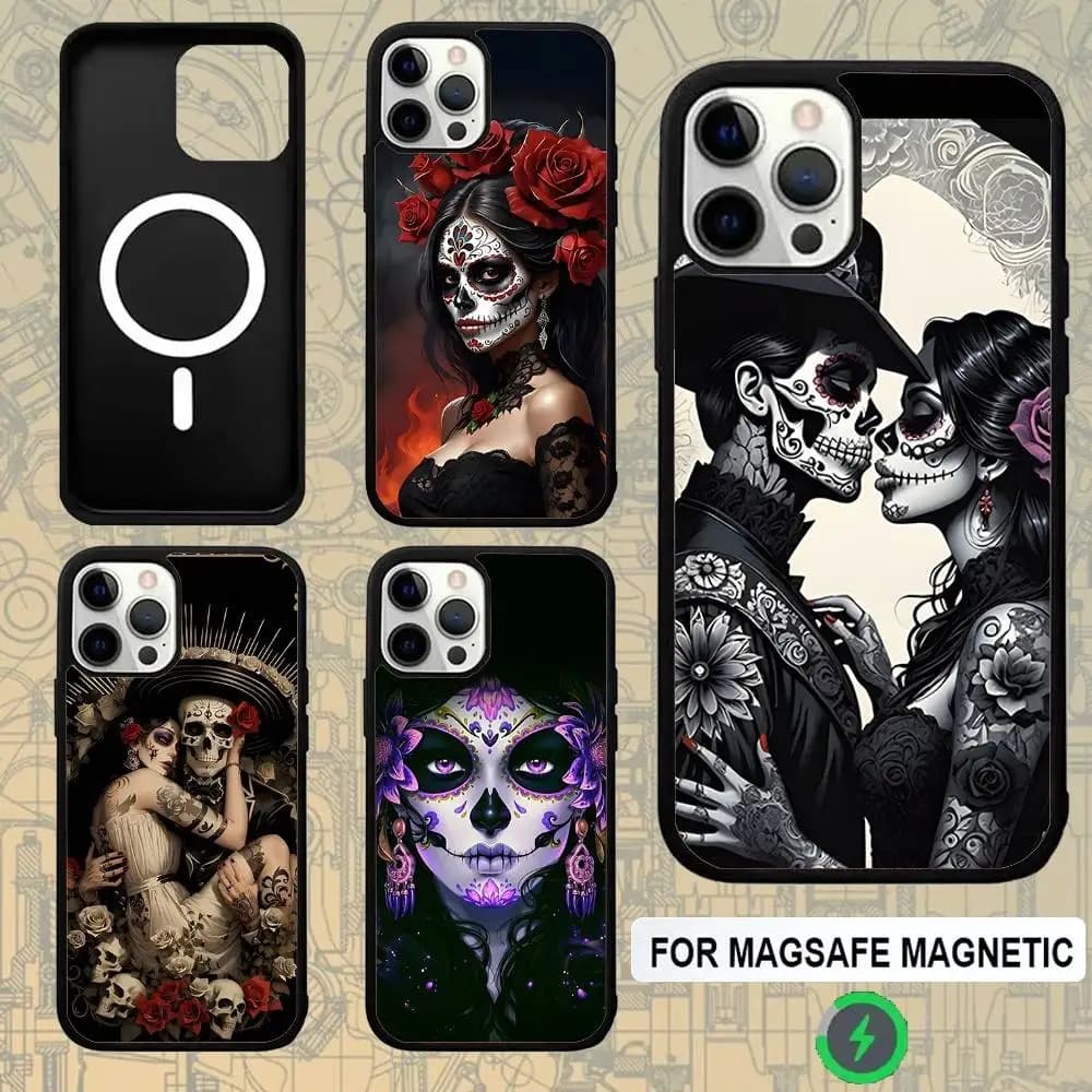 Mexican Catrina Skull Girl For Magsafe Wireless Charger Case For iPhone 15,16,17,13,14,11,12,Pro,Max,Plus,E,Air,Mini Protection