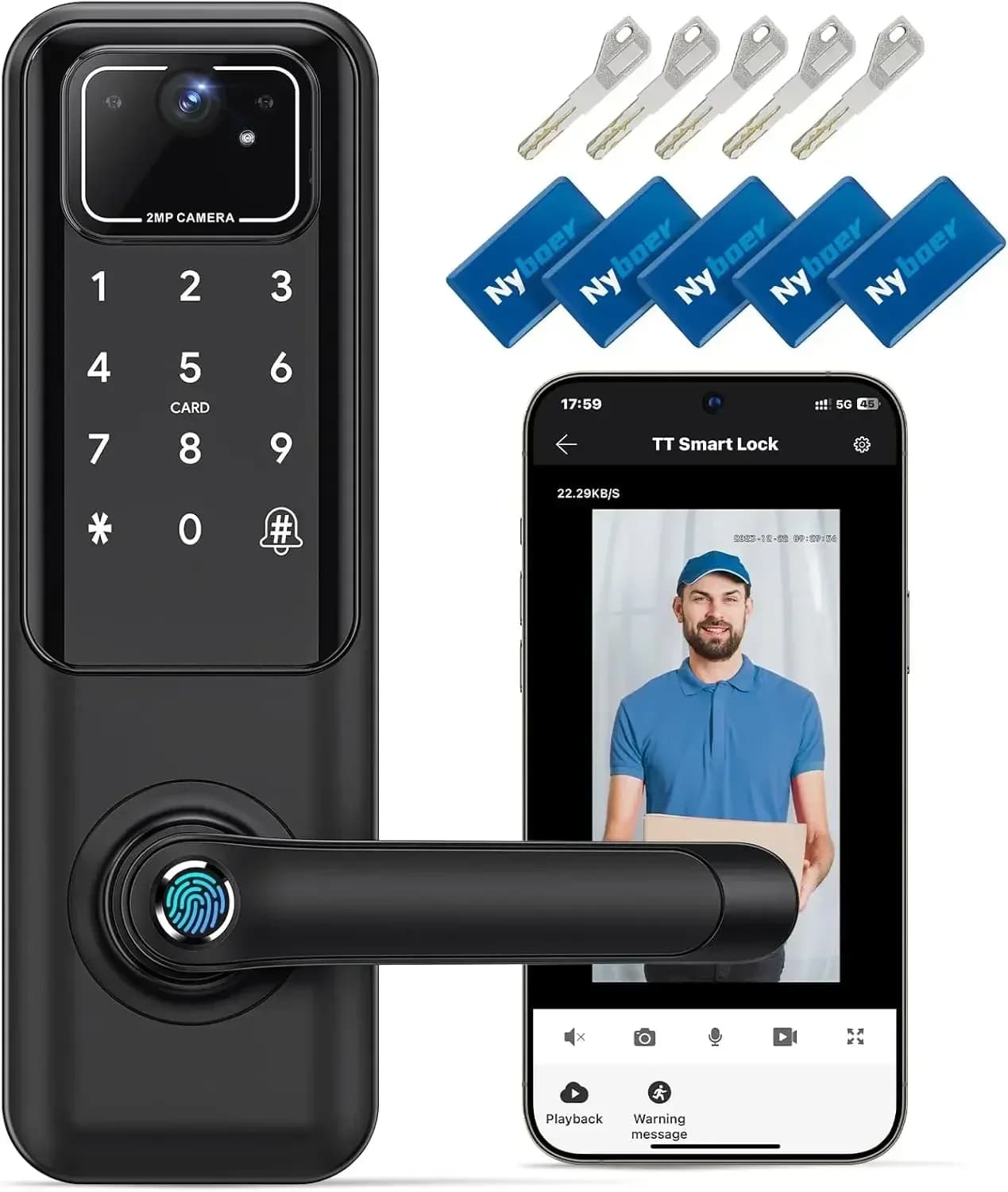 Serratura Intelligente per Porta con Videocamera WiFi, Impronta Digitale, Accesso Senza Chiave, Tastierino Elettronico Digitale con Maniglia