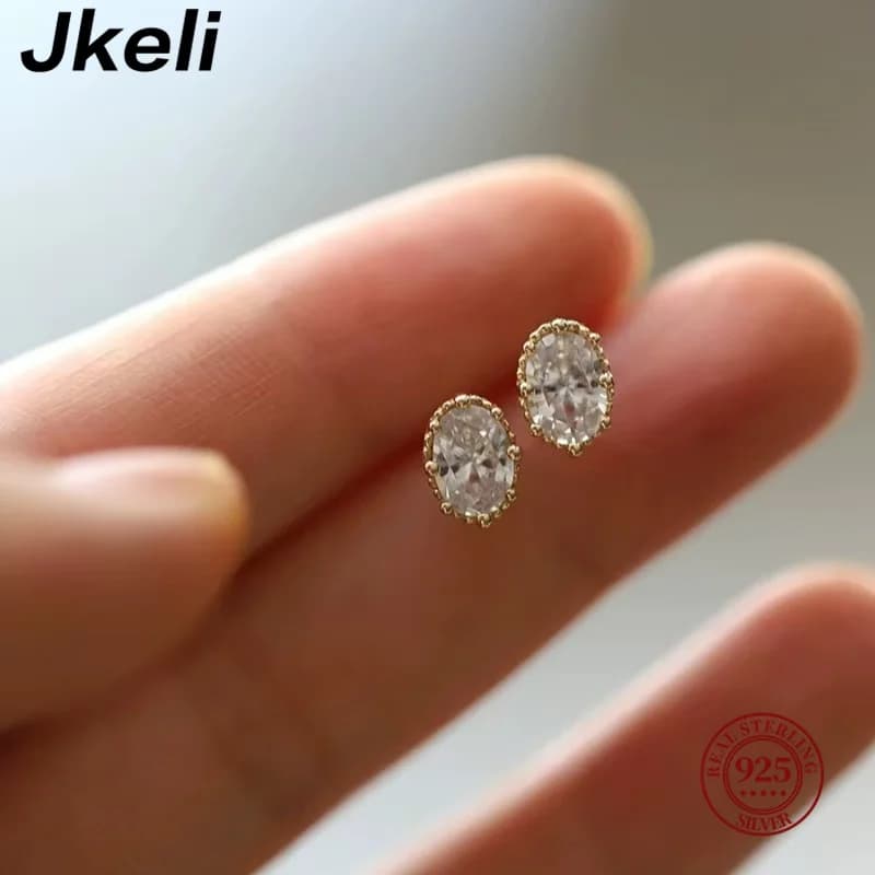 Jkeli S925 Sterling Silver 14K Gold Plated Vintage Oval Diamond Stud Earrings French Style Everyday Versatile Ear Jewelry