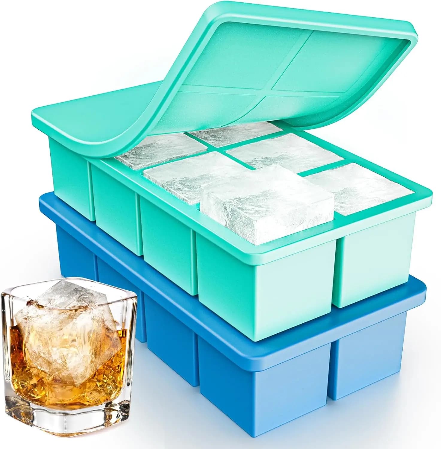 Set di 2 Grandi Stampi per Cubetti di Ghiaccio, Forme in Silicone da 2 Pollici per Whisky e Cocktail, Vassoi Quadrati con Coperchio, Impilabili e a Prova di Perdite per Freezer