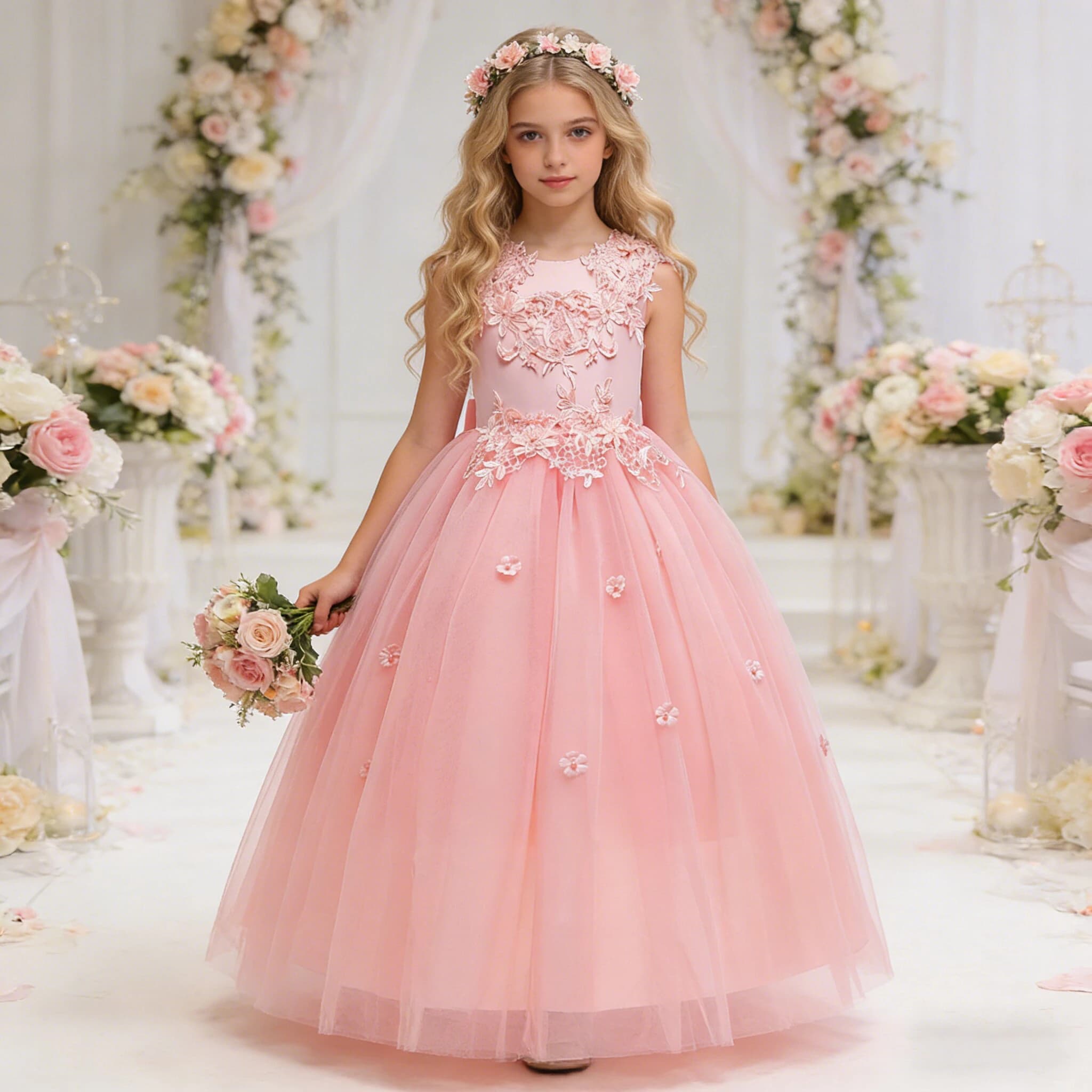 Summer Flower Bridesmaids Girls Dress Vestido Elegant Baptism Wedding Princess Prom Party Dresses For Girls Bow Birthday Costume