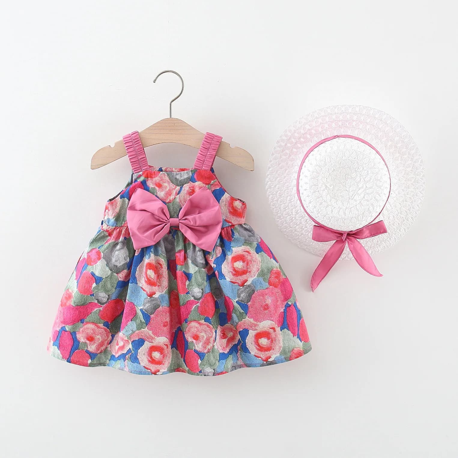 (Children's Dress of 0-3 years) New summer dresses without children's sleeves with small floral bow, hat with free bow included