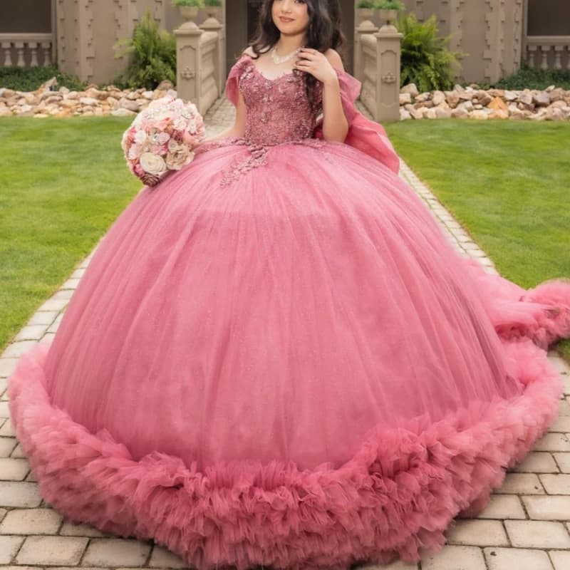 Abiti Quinceanera rosa lucido con spalle scoperte Applique in pizzo che borda a strati Tull Corsetto Festa di compleanno Dolce 16 Dres Abiti