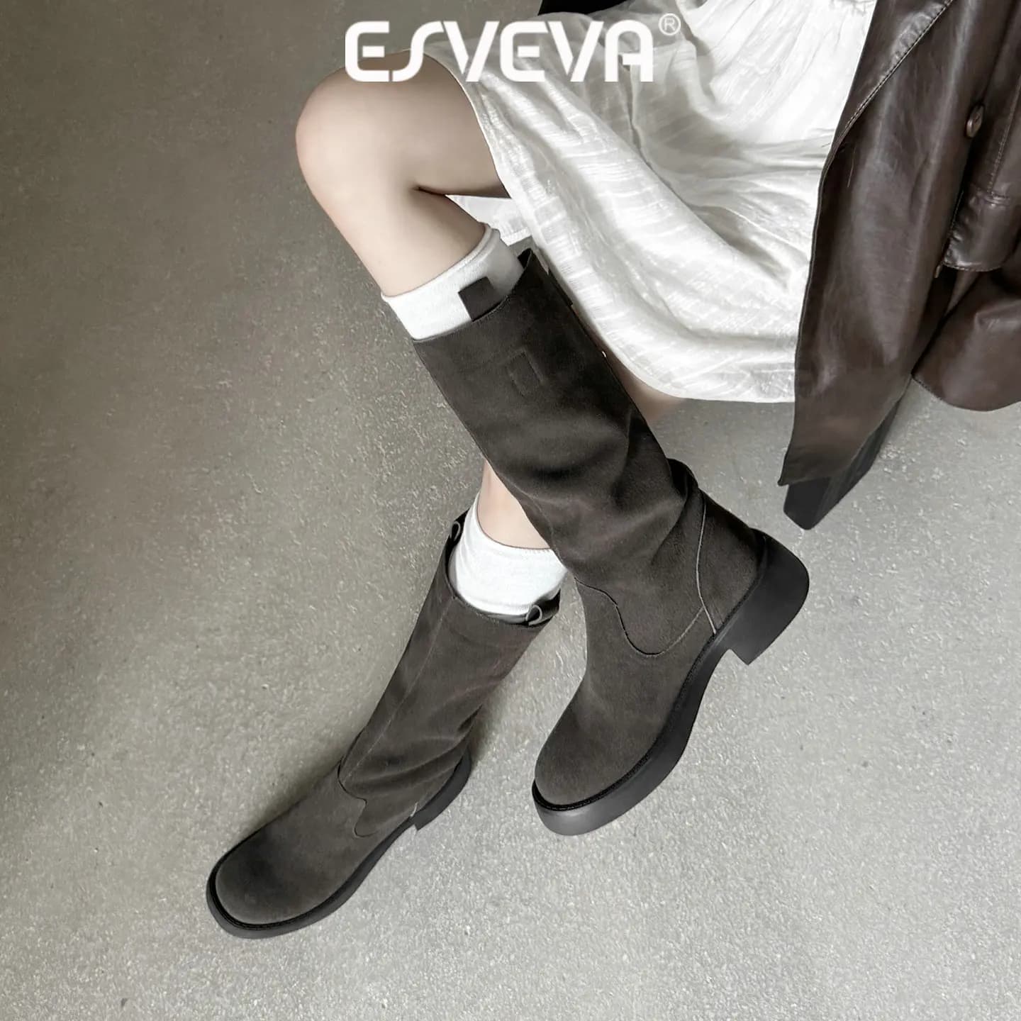 ESVEVA 2027 News Women Knee High Boots Winter Woman Shoes Cow Suede Round Toe Flats Heel Casual Autumn Western Long Boots 34-42