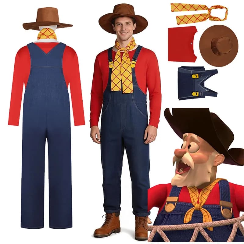 Costume cosplay anime Stinky Pete, tutina, mutande, cappello, cravatta, stile cartone animato, bellissimi costumi cosplay per uomo, per performance teatrali e ristorazione