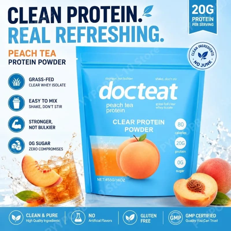 Docteat Proteine in Polvere al Gusto Pesca 455g, Isolato di Siero di Latte Chiaro, Senza Zucchero, Senza Glutine, Nutrizione Quotidiana