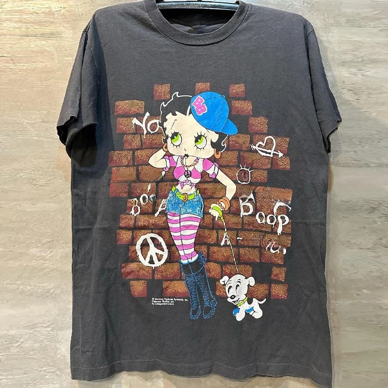 Casual Short Sleeve Cartoon T-Shirt Betty Doll Miss Oldschool Street Style Drop Shoulder Cotton Youth Popular round Neck Top