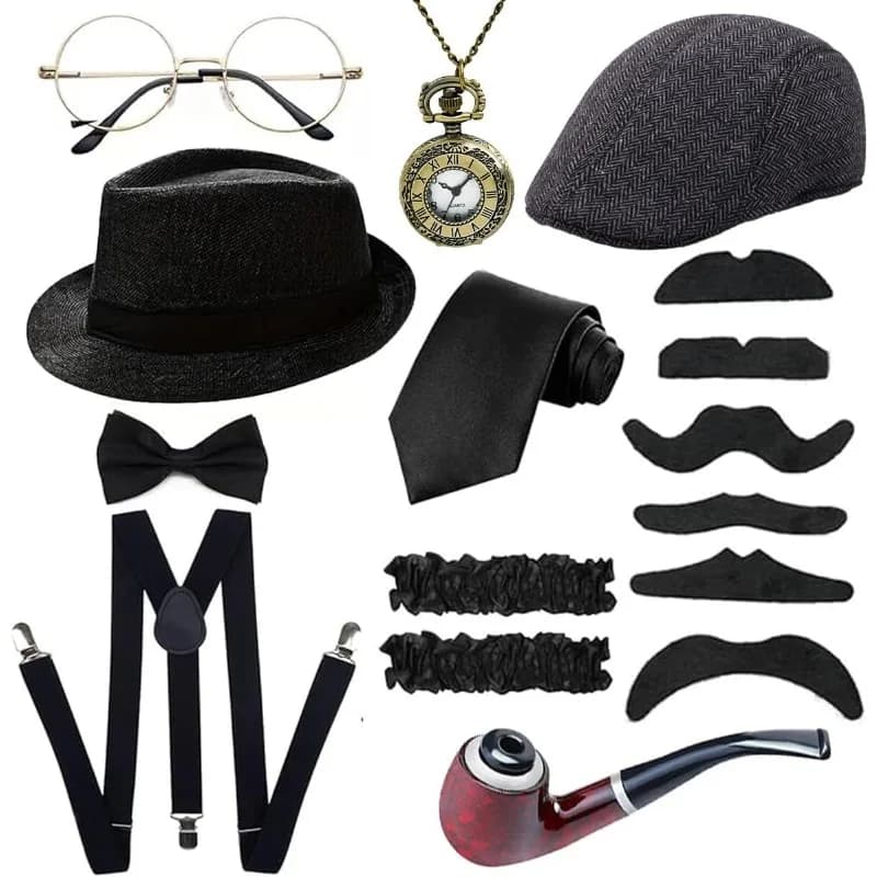 Set di Accessori per Costume da Uomo Anni '20, Outfit da Gangster Stile Anni '20 per Festa Gatsby, Berretto con Bretelle e Orologio da Tasca Anni '30