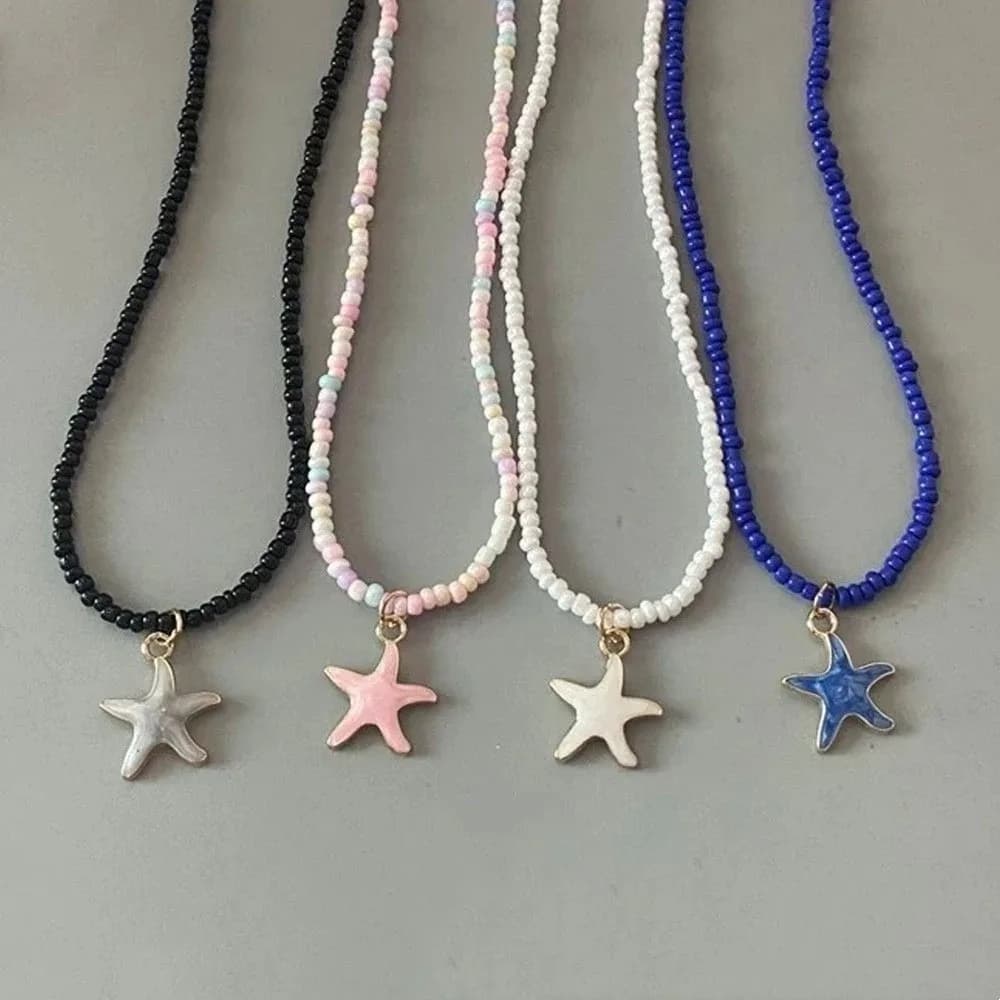 Collana da Donna Corta con Stella Marina e Perline Colorate, Stile Bohemien, Girocollo Romantico da Spiaggia