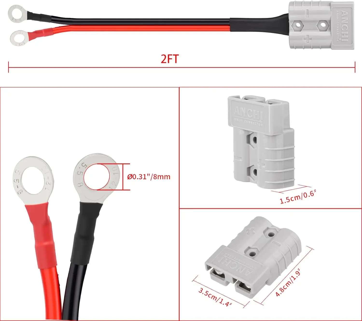 2FT Anderson 50amp to O Ring Terminal, 10AWG Anderson SB50 Battery Quick Connect/Disconnect Cable for Forklift RV Boat Lithium
