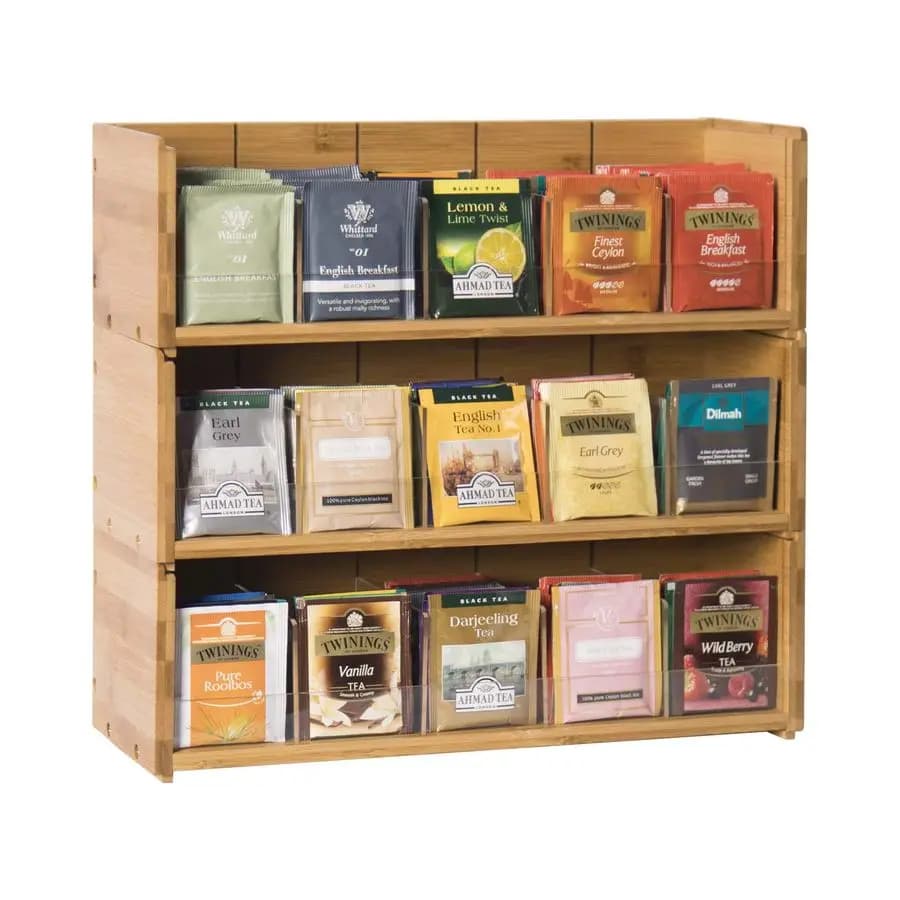 Tea bag holder box in bamboo, 3-level stackable tea bag box in natural wood, wall mounting tea cases with acrylic for tea bags