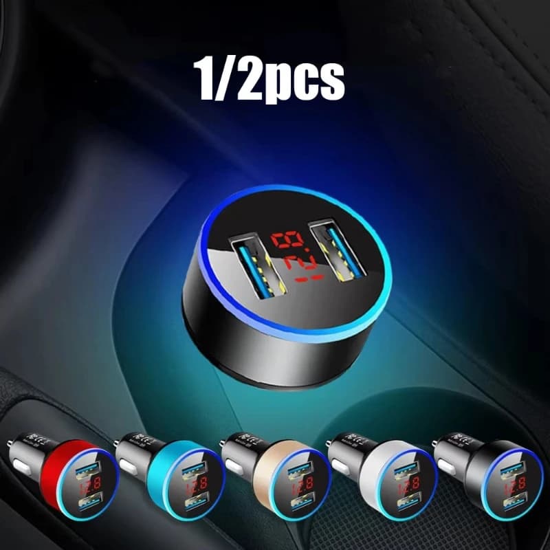 Car charger 1/2 pieces for cigarette lighters, USB adapter for smartphones, mobile phone charger, double USB with digital voltmeter