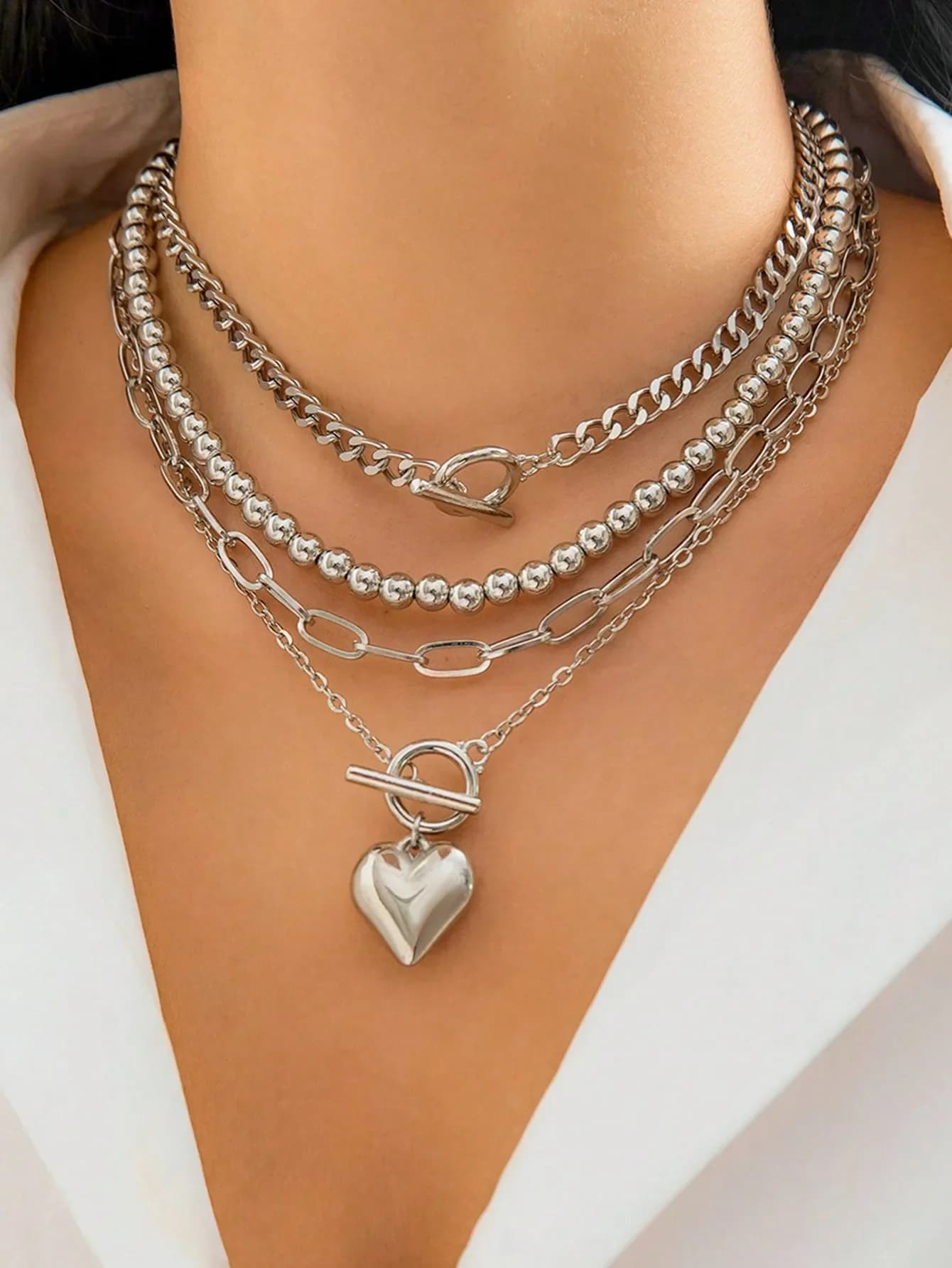 4pcs Stylish Punk Goth Beaded Metal Balloon Heart Pendant Romantic Surprise Gift Versatile Necklace