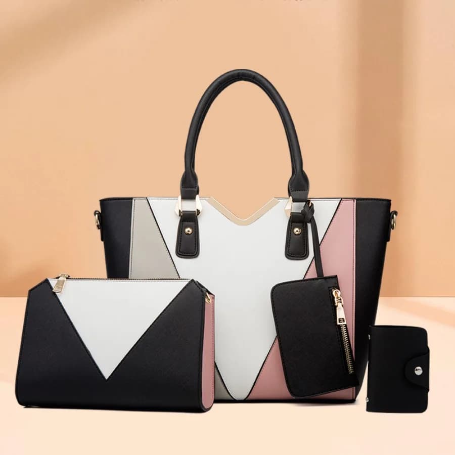 【New Arrival】4-Piece Color Block Handbag Set, Women's Geometric Patchwork Tote with Crossbody Bag, Wallet & Card Holder