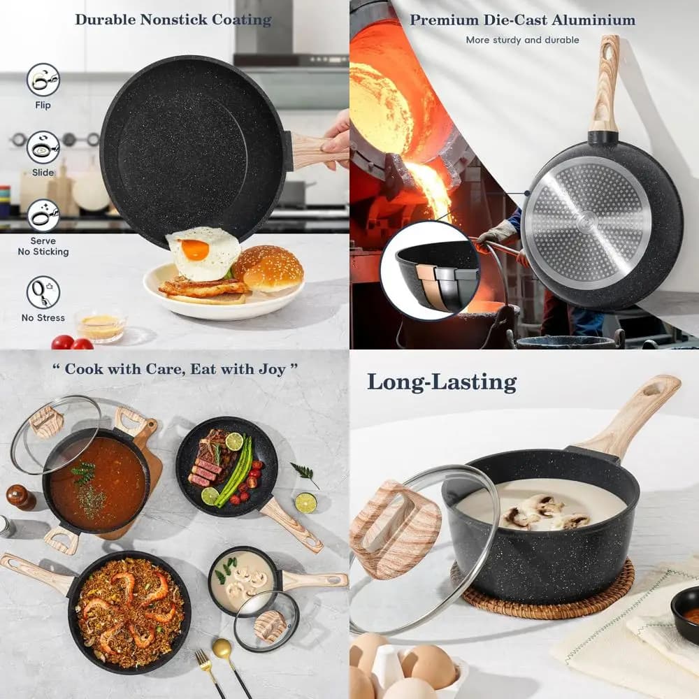 Set of 12-piece non-stick pots, compatible with induction, in black granite, healthy and non-toxic dishes with pans and pots