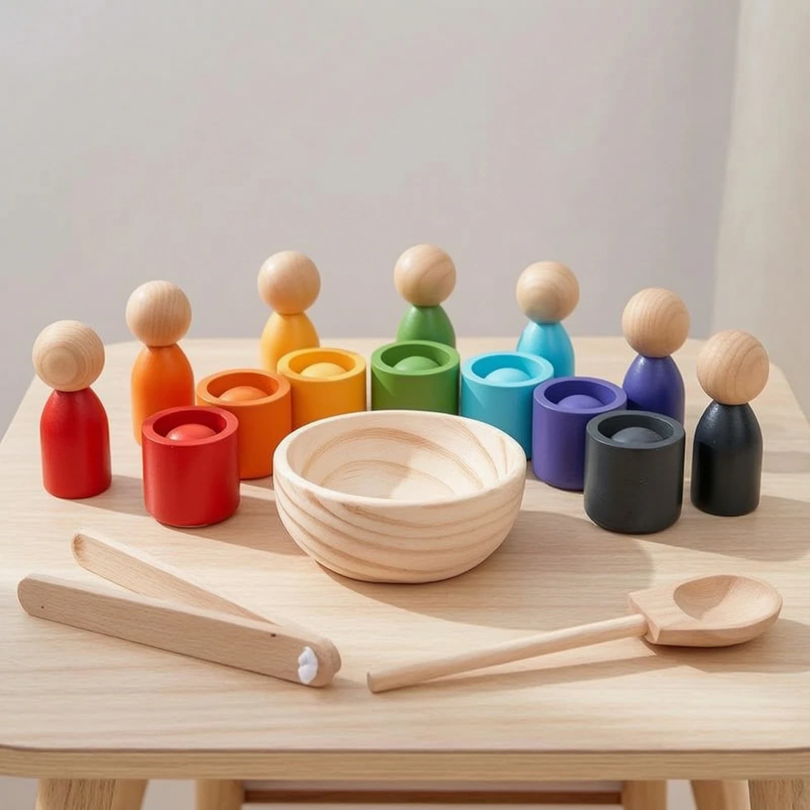 Color Sorting Toy Developmental Color Sorting Set Matching Toy with Cups Fine Motor Wooden Peg Doll Set Educational for Toddlers