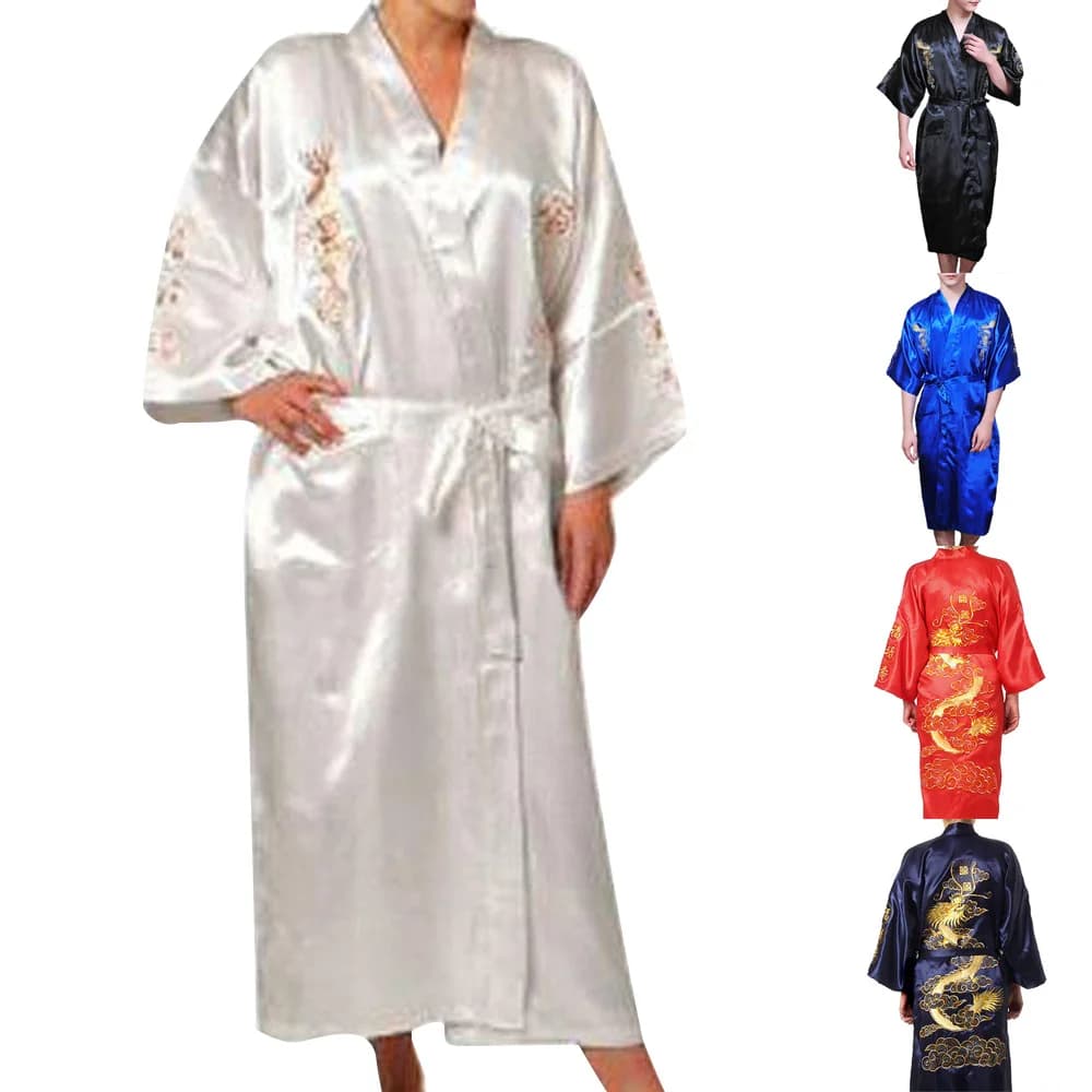 Uomo Raso Drago Cinese Kimono Accappatoio di Seta Pigiama Indumenti da Notte Abito Accappatoio Camicia da Notte Confortevole