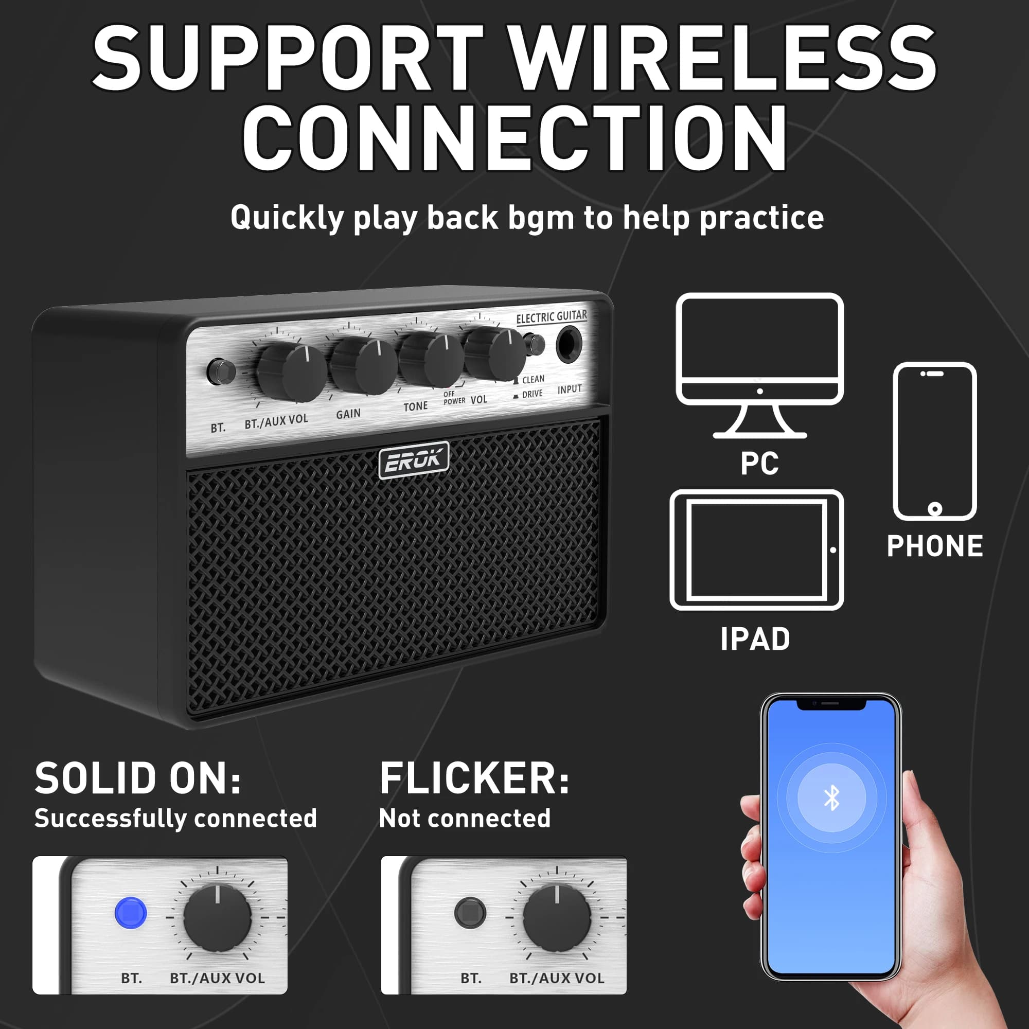 EROK Mini Amplificatore Bluetooth per Chitarra, Portatile, per Chitarra Elettrica e Basso, con Effetto Clean e Drive, Altoparlante per Pratica Domestica, Accessorio Audio