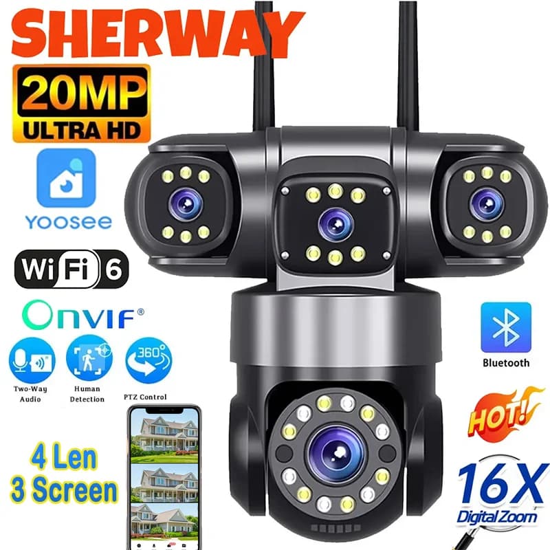 20MP 4 Obiettivi WiFi Telecamera di Sicurezza 360 PTZ Esterna Senza Fili 16X Zoom 4 Schermo IR Visione Notturna Auto Tracking CCTV Cam Impermeabile