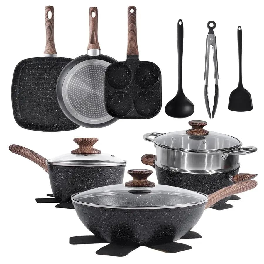 Set of 17 Tiles and Anti-Fasteners, Kitchen Set for Induction with Handles StayCool, Black
