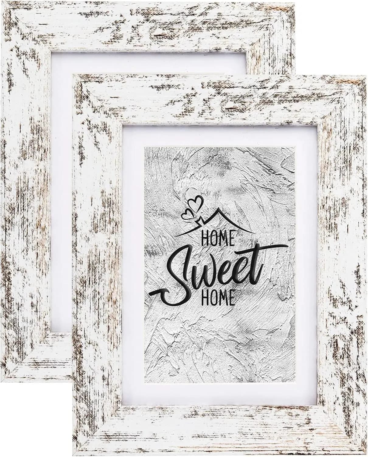 Set of 2 Frames Rustiche Bianche 5x7, Vetro Vero per Exposure a Parete e su Table, for Foto 4x6 con Passepartout o 5x7 Senza Passepartout
