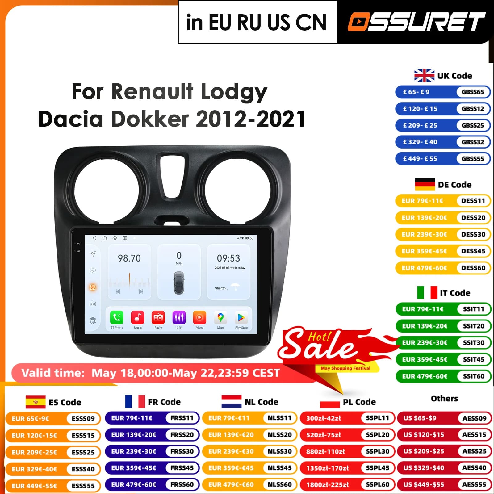 Autoradio Android 14 con Carplay e 4G per Renault Dokker/Lodgy Dacia 2012-2021, Lettore Multimediale Video GPS 2din