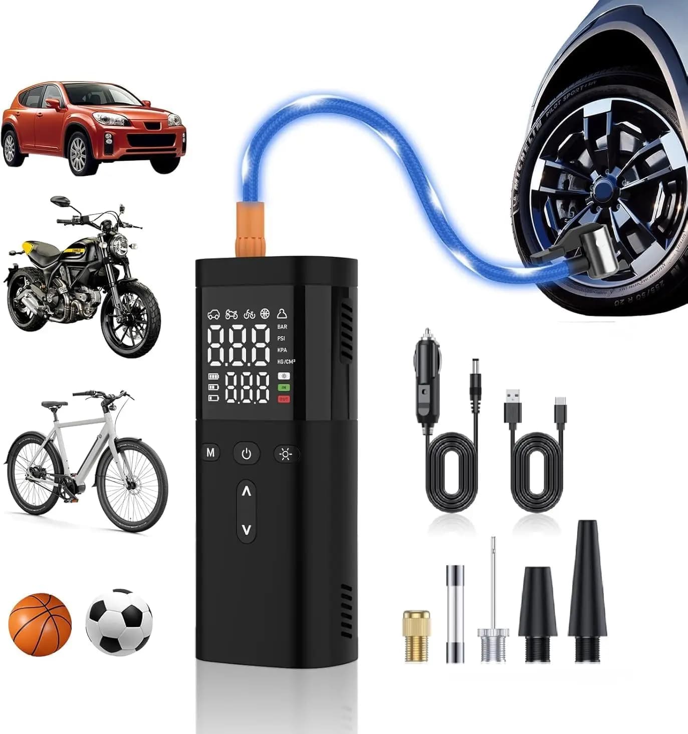 Pompa ad aria portatile per gonfiaggio pneumatici da 150 PSI con manometro digitale per auto, SUV, biciclette, motocicli e palline
